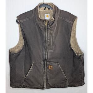 Carhartt V33 DKB Dark Brown Sandstone Canvas Sherpa Lined Work Vest Mens 2XL